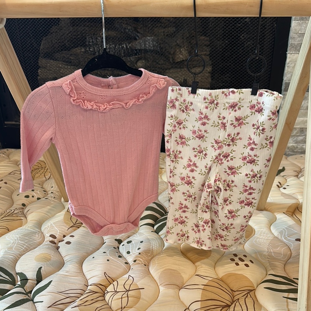 Pink Ruffled Baby Bodysuit and Floral Pants Set